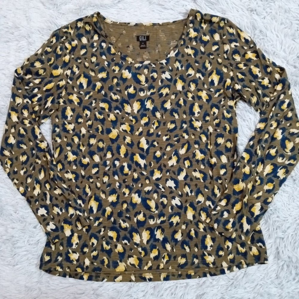 GILI Womens Shirt Top Multicolor Medium Printed Knit‎ Blouse Long Sleeve